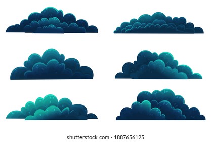 Set von dunkelblauen Sträuchern, Waldvegetation. Cartoon-Flachstil, gemischte Waldsträucher. Hawthorn, Wacholder, Früchte, Beeren. Heilpflanzen, Kräuter. Blaubüsche auf weißem Hintergrund