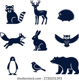 A set of dark blue silhouettes featuring various animals on a white background