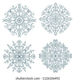 Set of dark blue snowflakes isolated on white background. Vector illustration.