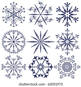 Set dark blue snowflakes isolated on white (vector)