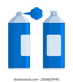 Set of dark blue spray paint cans with silver caps, one spraying paint. Flat vector illustration isolated on white background. Art supplies and graffiti concept. Perfect for creative projects