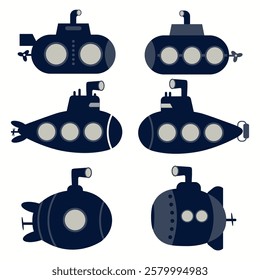Set of dark blue submarines on white background. Vector illustration