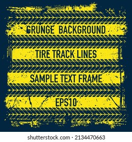 Set of dark blue tire track horizontal silhouettes isolated on yellow grunge background with sample text