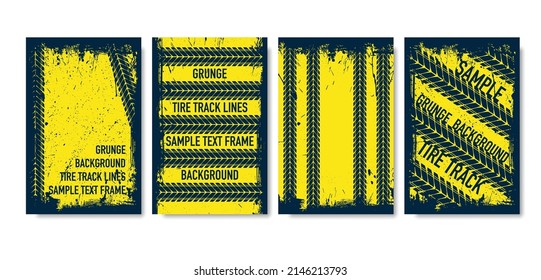 Set of dark blue tire track silhouette frames with yellow background. Grunge tyre posters isolated on white wallpaper