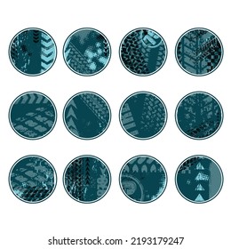Set of dark blue tire track pattern circles isolated on white background for social media stories and highlights