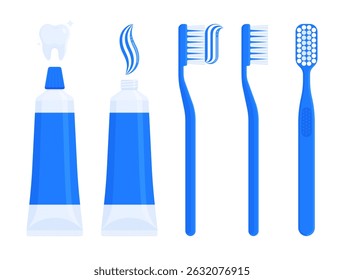 Set of dark blue toothpaste tubes and toothbrushes with paste on bristles. Dental care, hygiene, oral health, and personal care concept. Flat vector illustration isolated on white background