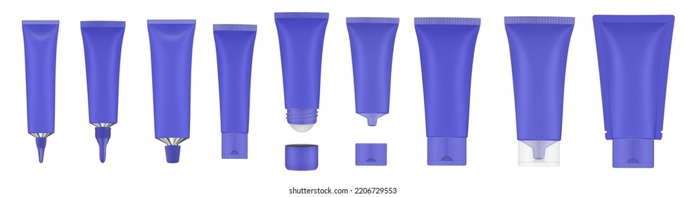 Set of dark blue tubes and bottles. Roller ball tube. Open and closed blank tubes with screw cap. Realistic mockup. Long nozzle tube. Ointment or salve. Gel serum. Korean packaging