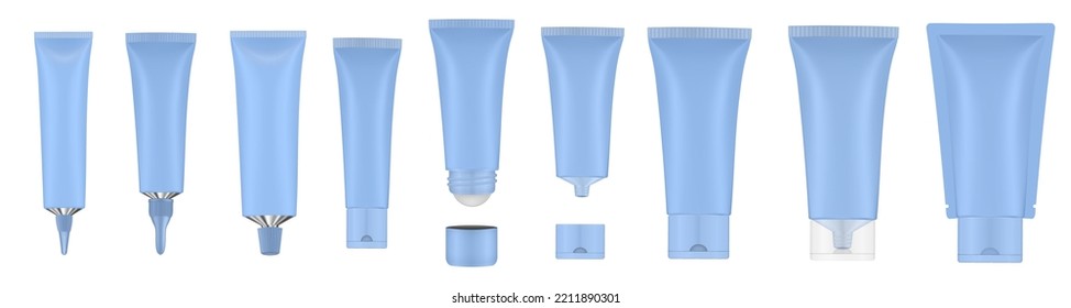 Set of dark blue tubes and bottles. Roller ball tube. Open and closed blank tubes with screw cap. Realistic mockup. Long nozzle tube. Ointment or salve. Gel serum. Korean packaging