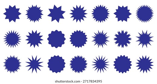 Set of dark blue vector starburst and sunburst badges. Flat design elements ideal for sale stickers, price tags, promotions and quality marks. Vector illustration isolated on transparent background.