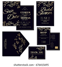 Set Of Dark Blue Wedding Invitation Card With Gold Leaves Decoration.Vector/Illustration