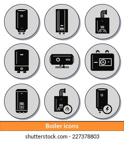 Set of dark boiler icons with reflection line