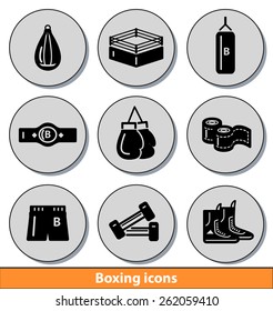 Set of dark boxing icons with reflection line