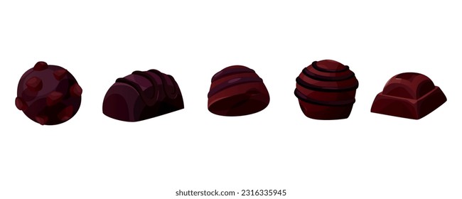 Set of dark, brown chocolate candy. Assorted sweets with praline, cocoa topping, dark bitter. Candies bonbon in different shapes. Milk sweet dessert, cooking ingredient. Vector for confectionery shop.