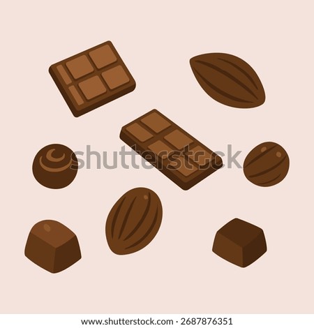 Set of Dark Brown Chocolate vector illustration. Cocoa, bars, blocks. Chocolate icons collection. Chocolate clipart