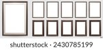 Set of dark brown modern frame isolated on white background. Realistic rectangle frames mockup. Classic Photo wooden frame. Borders set for painting, poster, photo gallery. 3d vector illustration.