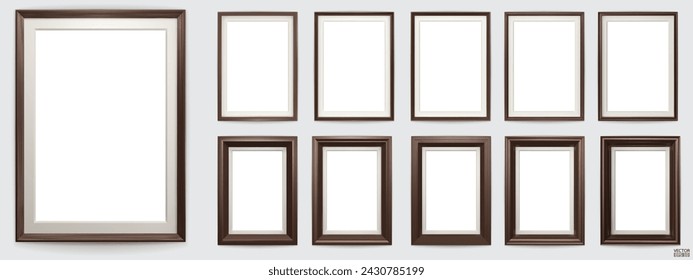 Set of dark brown modern frame isolated on white background. Realistic rectangle frames mockup. Classic Photo wooden frame. Borders set for painting, poster, photo gallery. 3d vector illustration.