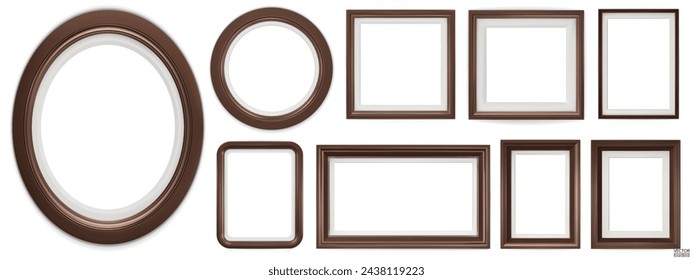 Set of dark brown modern frame isolated on white background. Realistic rectangle, circle, oval Photo wooden frames mockup. Classic Borders set for painting, photo gallery. 3d vector illustration.