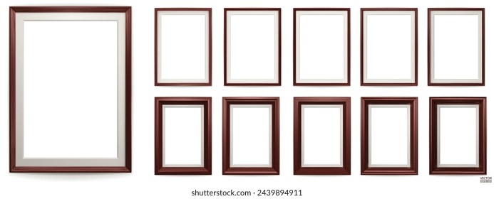 Set of dark brown modern frame isolated on white background. Realistic rectangle frames mockup. Classic Photo wooden frame. Borders set for painting, poster, photo gallery. 3d vector illustration.