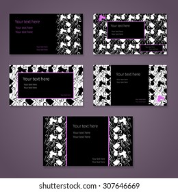 Set of dark business cards with different items for horses and place for your text. Vector. Three colors - white, black and pink.