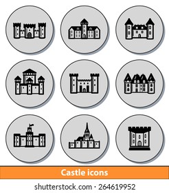 Set of dark castle icons with reflection line