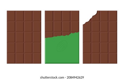 Set of dark chocolate bar in an open package on white background. Flat vector illustration