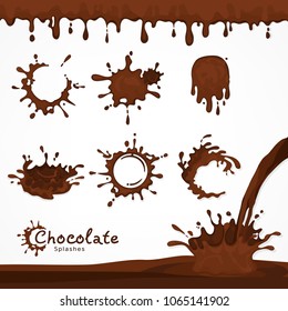 Set of dark chocolate blots and splash, dripping and flows hot chocolate or glaze. Dessert design. Vector illustration.