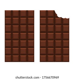 A set of dark chocolate without packaging: the whole bar and with a bitten bite. Chocolate bars Isolated on a white background. Stock vector illustration.