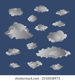 Set of dark clouds in a flat design. Grey cartoon cloud collection in blue sky background.
