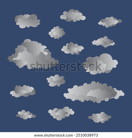 Set of dark clouds in a flat design. Grey cartoon cloud collection in blue sky background.
