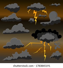 Set Of Dark Clouds And Lightning. Cartoon Isolated Vector Images 