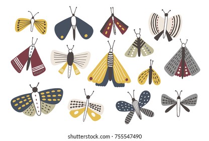 Set of dark colored doodle moths isolated on white background. Nights butterflies hand drawn collection. Colorful vector illustration.