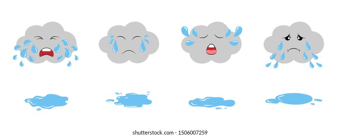 Set of dark crying clouds emoji and puddles. Fluffy rainy clouds. Cute cartoon weeping kawaii clouds collection.