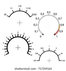 Set of dark  dial meters. Measuring scale. Manometer icon. Display pressure, measurement level. Vector illustration.