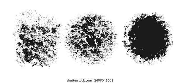 Set dark dirty circle shabby surface smeared with paint watercolor with splashes and drops, grunge texture isolated on white background.