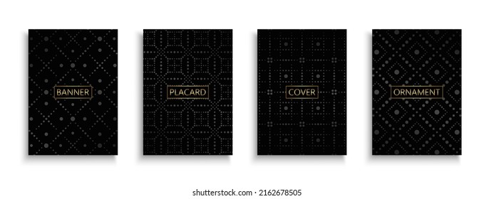 Set von dunkeleleganten, gepunkteten Covern, Vorlagen, Hintergründen, Plakaten, Broschüren, Bannern, Flyern, Magazinen. Schwarze Luxus-Zierplakate, Karten usw.  