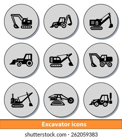Set of dark excavator icons with reflection line