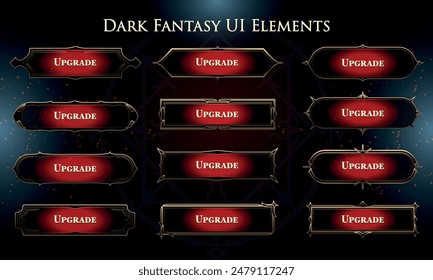 Set of Dark Fantasy Buttons for user interface, poster, video. Fantasy magic HUD. Template for rpg game interface. Vector Illustration EPS10