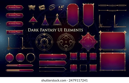 Set of Dark Fantasy Elements for user interface, poster, video. Fantasy magic HUD. Template for rpg game interface. Vector Illustration EPS10