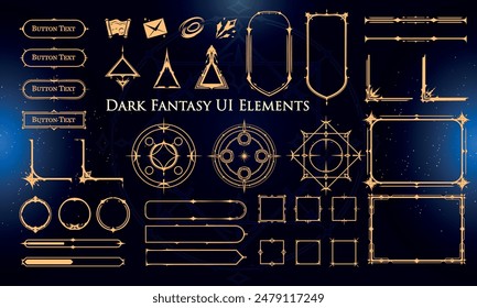 Set of Dark Fantasy Elements for user interface, poster, video. Fantasy magic HUD. Template for rpg game interface. Vector Illustration EPS10