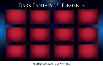 Conjunto de Elementos de Fantasia Escura para interface do usuário, pôster, vídeo. Fantasia mágica HUD. Modelo para a interface do jogo rpg. Ilustração de vetor EPS10