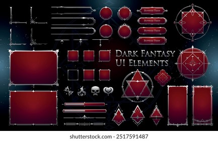 Conjunto de Elementos de Fantasia Escura para interface do usuário, pôster, vídeo. Fantasia mágica HUD. Modelo para a interface do jogo rpg. Ilustração de vetor EPS10