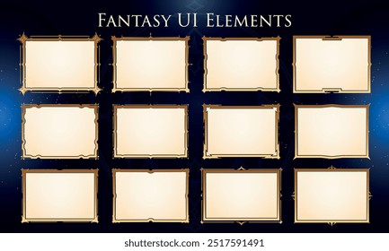 Conjunto de Elementos de Fantasia Escura para interface do usuário, pôster, vídeo. Fantasia mágica HUD. Modelo para a interface do jogo rpg. Ilustração de vetor EPS10