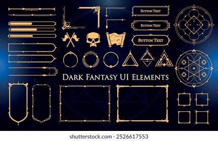 Conjunto de Elementos de Fantasia Escura para interface do usuário, pôster, vídeo. Fantasia mágica HUD. Modelo para a interface do jogo rpg. Ilustração de vetor EPS10