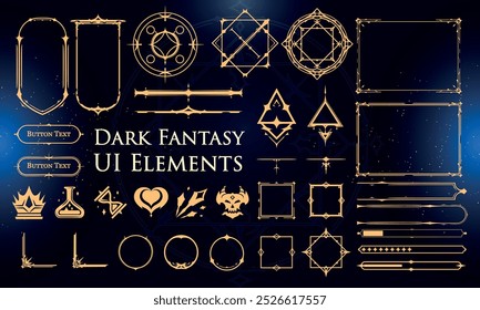 Conjunto de Elementos de Fantasia Escura para interface do usuário, pôster, vídeo. Fantasia mágica HUD. Modelo para a interface do jogo rpg. Ilustração de vetor EPS10