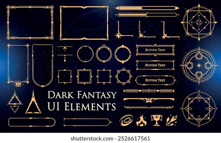 Conjunto de Elementos de Fantasia Escura para interface do usuário, pôster, vídeo. Fantasia mágica HUD. Modelo para a interface do jogo rpg. Ilustração de vetor EPS10