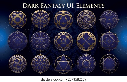 Set of Dark Fantasy Elements for user interface, poster, video. Fantasy magic HUD. Template for rpg game interface. Vector Illustration EPS10