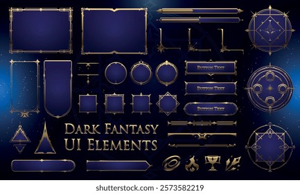 Set of Dark Fantasy Elements for user interface, poster, video. Fantasy magic HUD. Template for rpg game interface. Vector Illustration EPS10