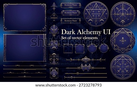 Set of Dark Fantasy Elements for user interface, poster, video. Alchemy magic HUD. Template for rpg game interface. Vector Illustration EPS10