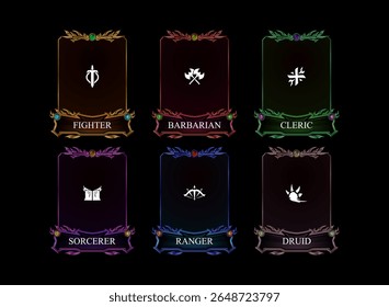 set of dark fantasy gothic medieval trading card game with fighter, barbarian, cleric, sorcerer, ranger, druid class in various color