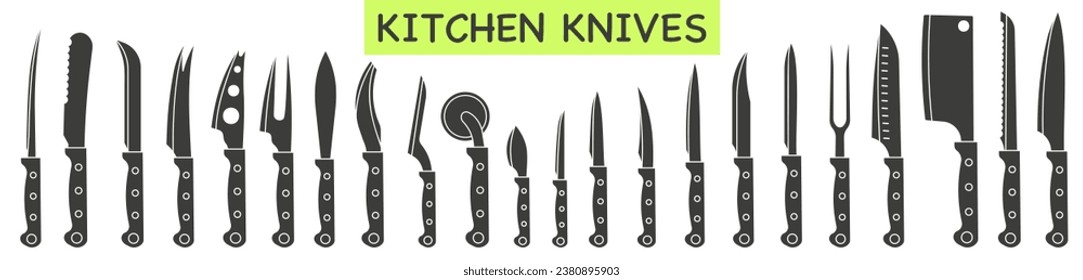Set of dark full kitchen knives vector illustration. A set of various knives. EPS 10.